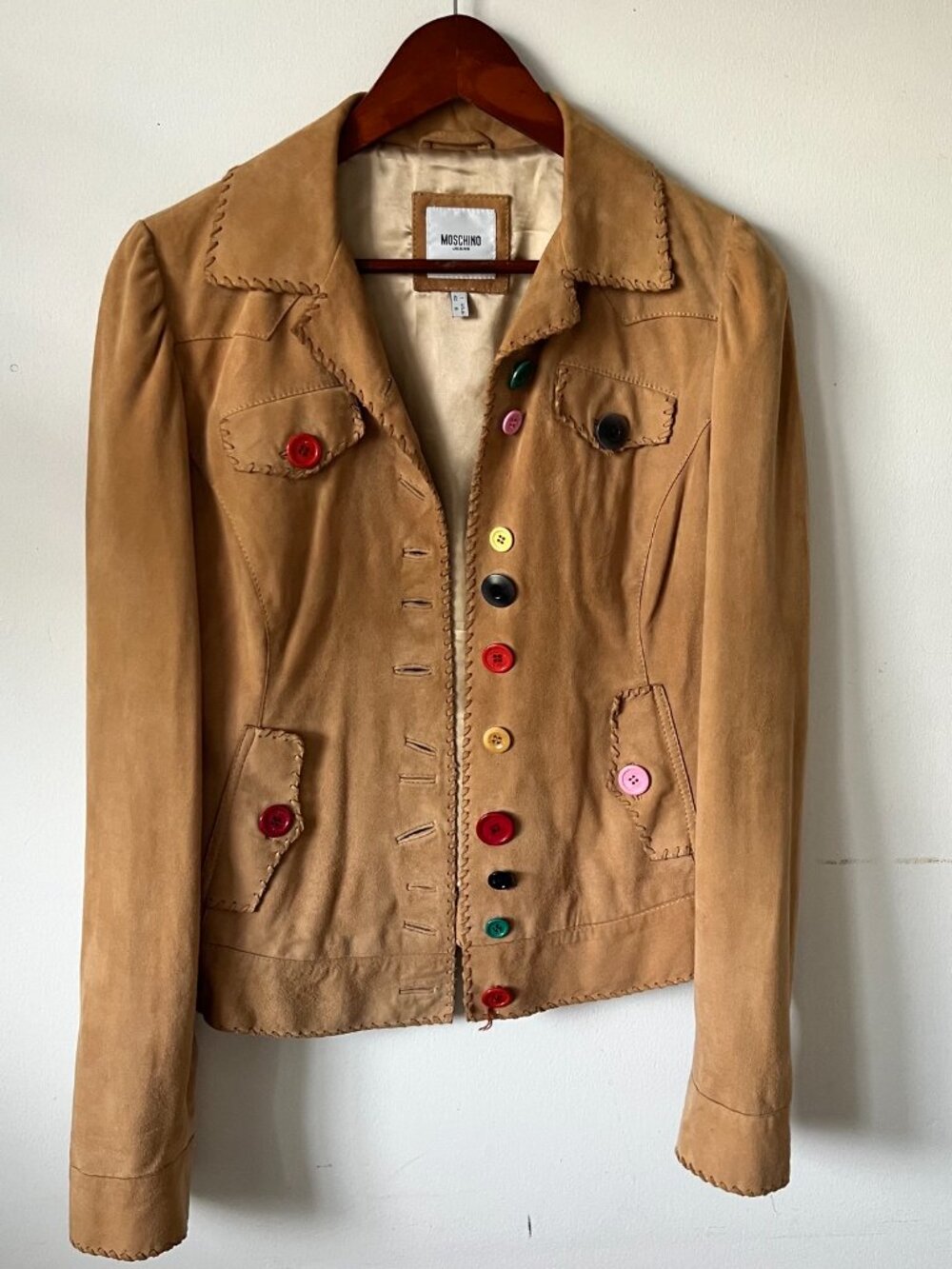 Moschino Camel Tan Suede Leather Jacket w/ multi colored buttons Small/Medium - Picture 8 of 11